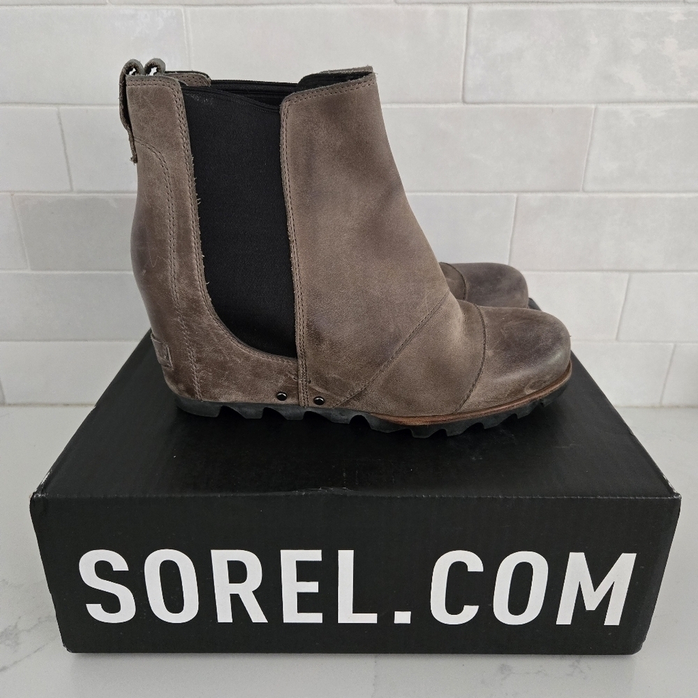 Sorel Lea Wedge Leather Boots Brown Gray Black Kettle Taupe Size 7.5 NL2334 - Picture 2 of 10